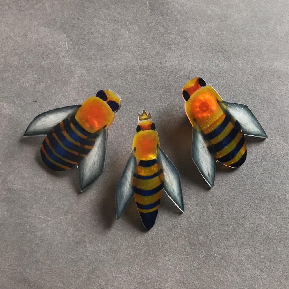 Honey bee pins. Drone bee, Queen bee, and Worker bee.